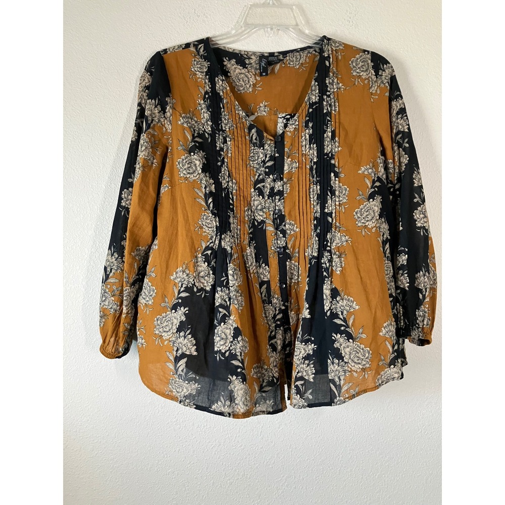 Cotton Babydoll Button Up Blouse Shirt M Dark Floral Artsy Boho Festival Autumn
